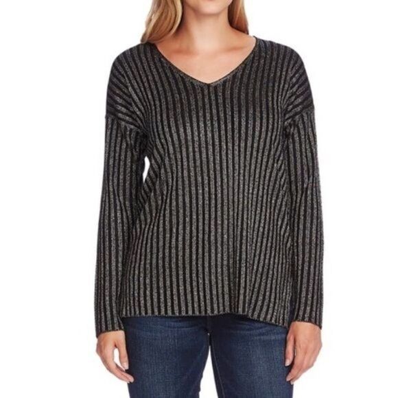 VINCE CAMUTO Gray Ribbed Shimmering Pinstripe Long Sleeve V Neck Sweater - Picture 1 of 8